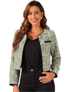 Women Vintage Tweed Cropped Blazer Jacket Business Casual